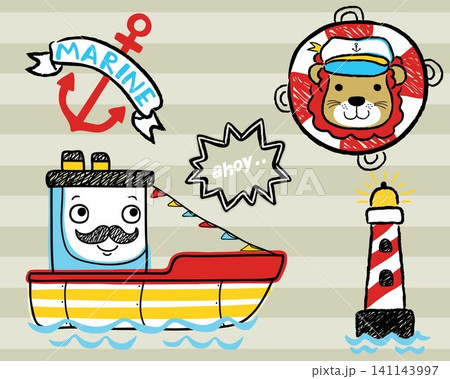 Vector set of hand drawn sailing elements cartoon with funny lion Vector set of hand drawn sailing elements cartoon with funny lion 141143997