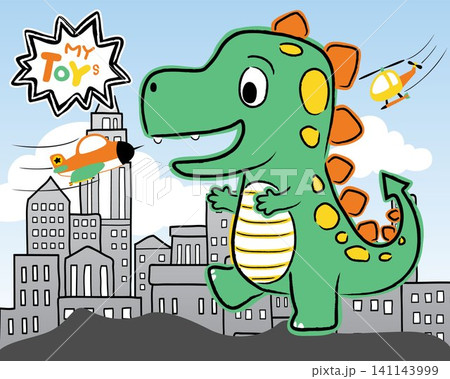 Hand drawn funny monster cartoon in city with plane and helicopter Hand drawn funny monster cartoon in city with plane and helicopter 141143999