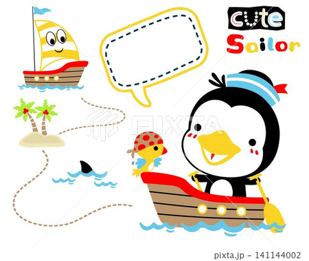 Funny birds wearing sailor hat on boat, sailing elements cartoon Funny birds wearing sailor hat on boat, sailing elements cartoon 141144002