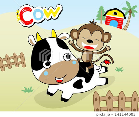 Vector cartoon of funny monkey riding on cows back in farmyard 141144003