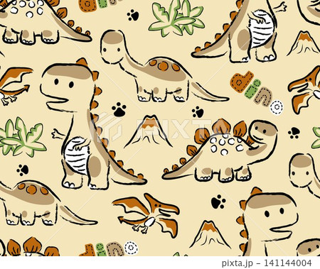 Seamless pattern vector of hand drawn dinosaurs cartoon, prehistoric elements cartoon Seamless pattern vector of hand drawn dinosaurs cartoon, prehistoric elements cartoon 141144004