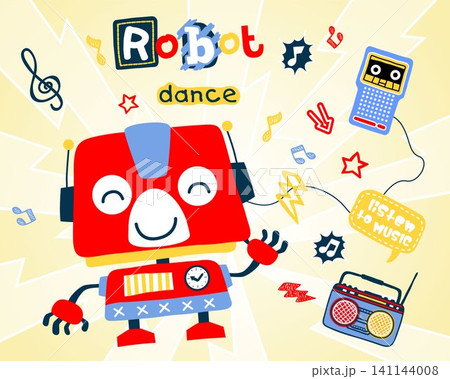 Vector illustration of funny robot cartoon dancing, musical elements cartoon Vector illustration of funny robot cartoon dancing, musical elements cartoon 141144008