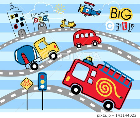 Vector illustration of hand drawn vehicles cartoon in the road with buildings Vector illustration of hand drawn vehicles cartoon in the road with buildings 141144022