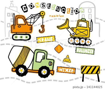 Vector illustration of hand drawn construction vehicles cartoon, construction element cartoon 141144025