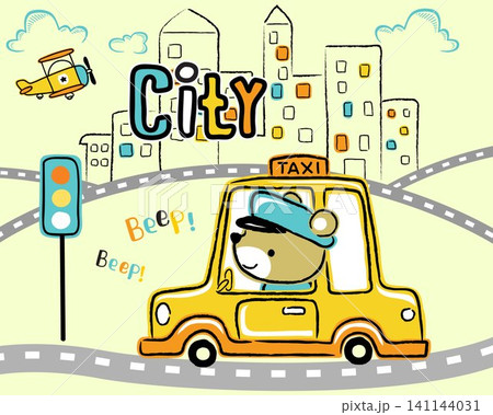 Vector illustration of hand drawn vehicle cartoon with bear driving taxi on buildings background Vector illustration of hand drawn vehicle cartoon with bear driving taxi on buildings background 141144031