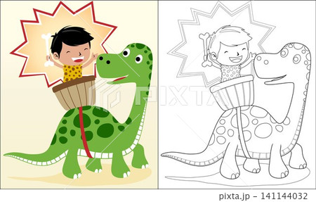 Coloring book or page of boy in caveman costume riding dinosaur Coloring book or page of boy in caveman costume riding dinosaur 141144032