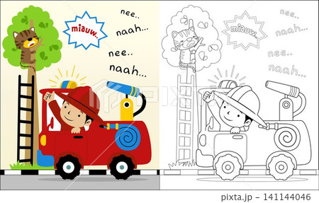Vector illustration of fireman cartoon help a cat on tree, coloring book or page 141144046