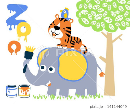 Vector illustration of cute elephant painting "zoo" word, bird and tiger on elephant Vector illustration of cute elephant painting "zoo" word, bird and tiger on elephant 141144049
