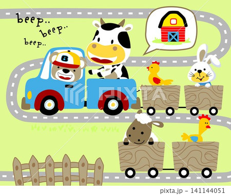 Vector cartoon of cute bear driving car pulling farm animals on cart Vector cartoon of cute bear driving car pulling farm animals on cart 141144051