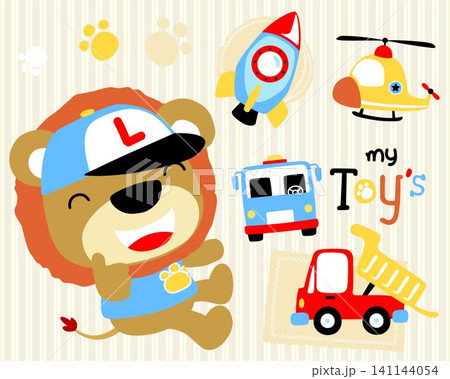 Cute lion cartoon with it toys on striped background Cute lion cartoon with it toys on striped background 141144054