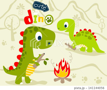 Cute dinosaurs cartoon carrying wood to make bonfire 141144056