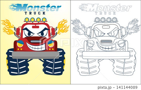 Coloring book or page of monster truck cartoon with creepy smile Coloring book or page of monster truck cartoon with creepy smile 141144089