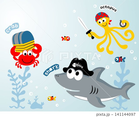 Funny marine animals cartoon wearing pirate accessories undersea Funny marine animals cartoon wearing pirate accessories undersea 141144097