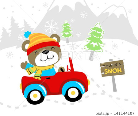 Funny bear cartoon in winter clothes driving car at winter season on mountain background Funny bear cartoon in winter clothes driving car at winter season on mountain background 141144107