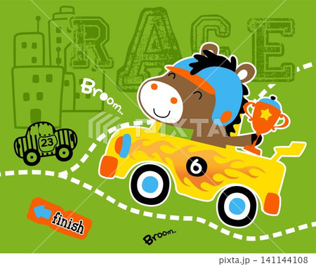Funny horse cartoon on race car holding trophy Funny horse cartoon on race car holding trophy 141144108