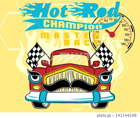 Vector illustration of vintage car cartoon with moustache on flame background Vector illustration of vintage car cartoon with moustache on flame background 141144109