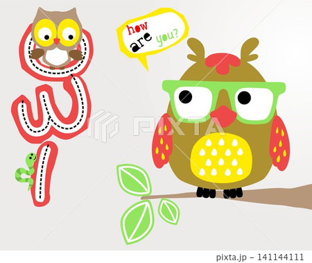 Cute owl cartoon in eyeglasses perch on tree branches. Owl and caterpillar on "owl" word Cute owl cartoon in eyeglasses perch on tree branches. Owl and caterpillar on "owl" word 141144111