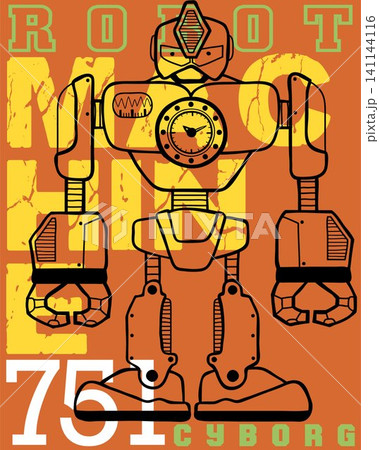 Vector illustration of hand drawn robot cartoon with typography background 141144116