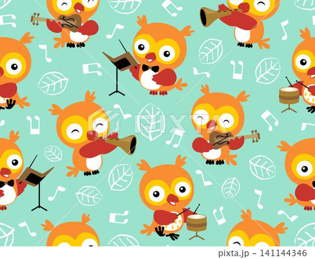 seamless pattern vector with owl cartoon playing music instruments 141144346