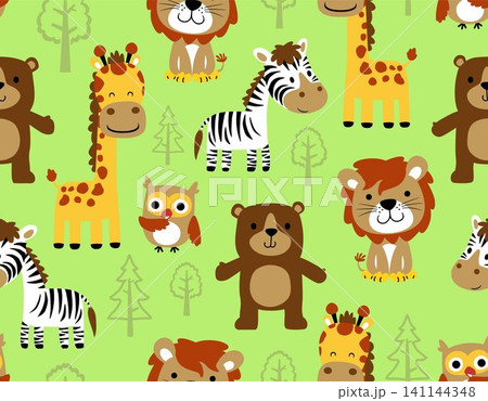 seamless pattern vector of funny animals cartoon with trees seamless pattern vector of funny animals cartoon with trees 141144348