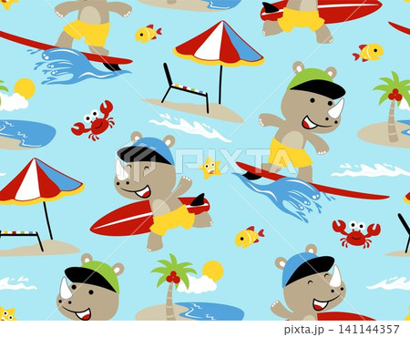 Seamless pattern vector of rhino cartoon surfing in the beach, beach element cartoon Seamless pattern vector of rhino cartoon surfing in the beach, beach element cartoon 141144357