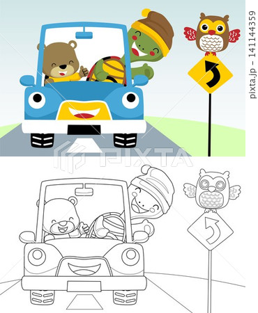 Coloring book or page of cartoon turtle with bear on funny car, owl on traffic sign Coloring book or page of cartoon turtle with bear on funny car, owl on traffic sign 141144359