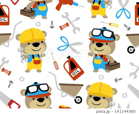 Seamless pattern vector of little bear cartoon in mechanic costume, builder and mechanic element Seamless pattern vector of little bear cartoon in mechanic costume, builder and mechanic element 141144360