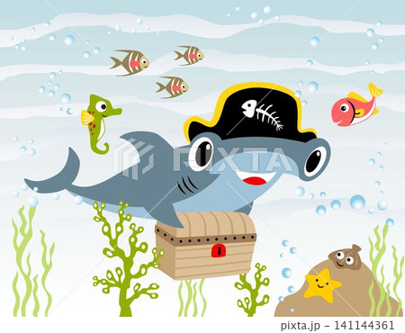 Hammerhead shark cartoon with pirate hat carrying treasure chest, marine life element illustration Hammerhead shark cartoon with pirate hat carrying treasure chest, marine life element illustration 141144361
