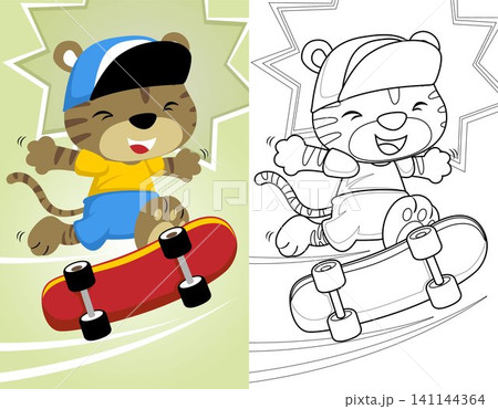 coloring book or page with little cat playing skateboard coloring book or page with little cat playing skateboard 141144364