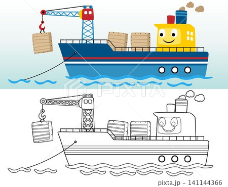 coloring book or page with funny cargo ship cartoon in the port 141144366