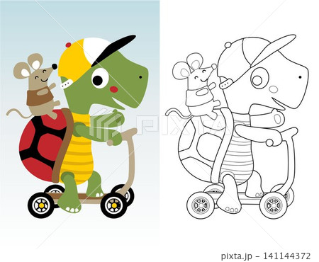 Coloring book or page of funny turtle and little mouse cartoon on scooter 141144372