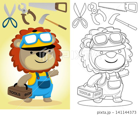 Coloring book or page of funny lion cartoon in builder costume carrying toolbox with worker tools 141144373