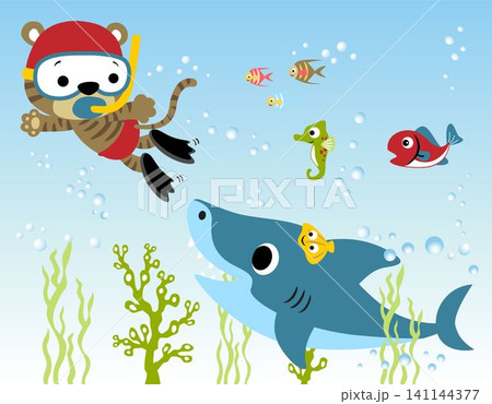 Vector cartoon of cat diving with funny marine animals Vector cartoon of cat diving with funny marine animals 141144377