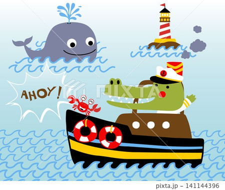 Vector illustration of crocodile with crab on boat, smiling whale and lighthouse Vector illustration of crocodile with crab on boat, smiling whale and lighthouse 141144396