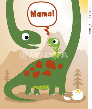 Cartoon of brontosaurus with it cub on mountain background 141144399