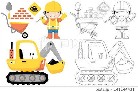 Happy worker cartoon with construction vehicle. Construction element illustration. Coloring book or page Happy worker cartoon with construction vehicle. Construction element illustration. Coloring book or page 141144431