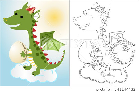 Funny dragon cartoon holding egg on cloud, coloring book or page Funny dragon cartoon holding egg on cloud, coloring book or page 141144432