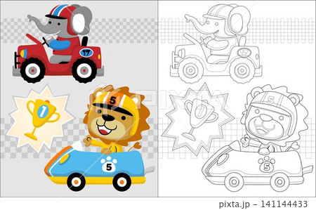 Vector cartoon of elephant and lion on racing car with a trophy, coloring book or page illustration Vector cartoon of elephant and lion on racing car with a trophy, coloring book or page illustration 141144433