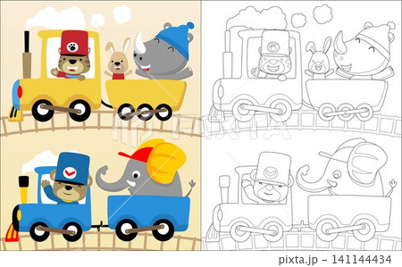 Funny animals cartoon on steam locomotive, coloring book or page Funny animals cartoon on steam locomotive, coloring book or page 141144434