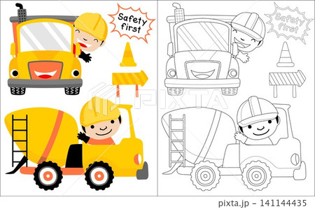 Construction vehicle cartoon with happy worker, coloring book or page Construction vehicle cartoon with happy worker, coloring book or page 141144435