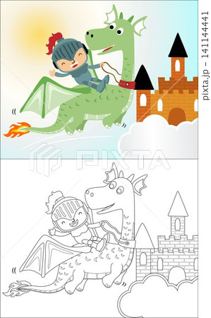 Little knight cartoon riding dragon with a castle on clouds, coloring book or page Little knight cartoon riding dragon with a castle on clouds, coloring book or page 141144441