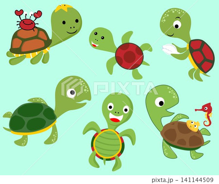 Vector set of turtle cartoon in different activity with little marine animals 141144509