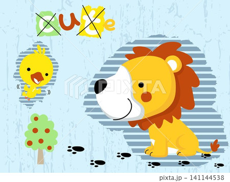 cute lion cartoon with little bird cute lion cartoon with little bird 141144538