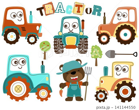 Vector set of funny tractor cartoon with cute bear in farmer costume holding pitchfork Vector set of funny tractor cartoon with cute bear in farmer costume holding pitchfork 141144550