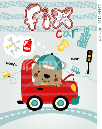 Little bear cartoon on red car, traffic element illustration Little bear cartoon on red car, traffic element illustration 141144569