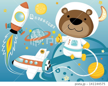 Funny bear cartoon in astronaut costume in space with spacecraft Funny bear cartoon in astronaut costume in space with spacecraft 141144575