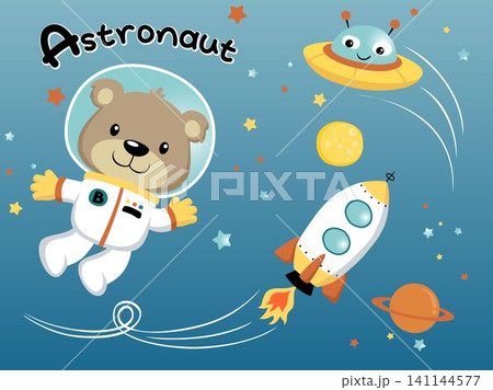 Funny bear cartoon in astronaut costume flying in space with spaceship and UFO 141144577