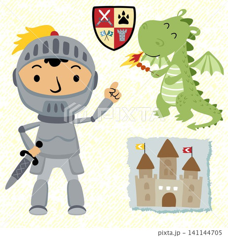 Vector illustration of knight and dragon cartoon with little castle, fairytale element illustration 141144705