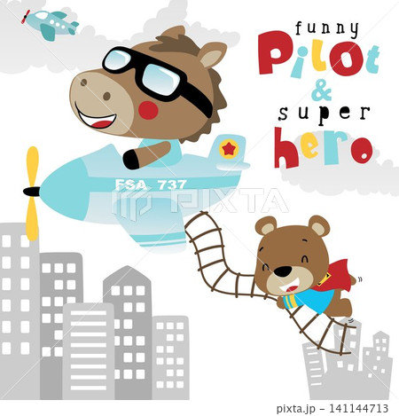 Vector illustration of funny horse cartoon on airplane, little bear in superhero costume hanging on ladder 141144713