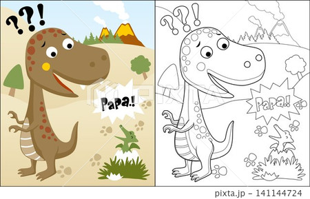Coloring book of funny dinosaurs cartoon on volcanoes background 141144724